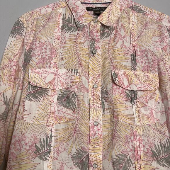 Tommy Bahama Women's L Linen Button Up Shirt Roll Tab Coral Pink Floral Vacation - Picture 2 of 14